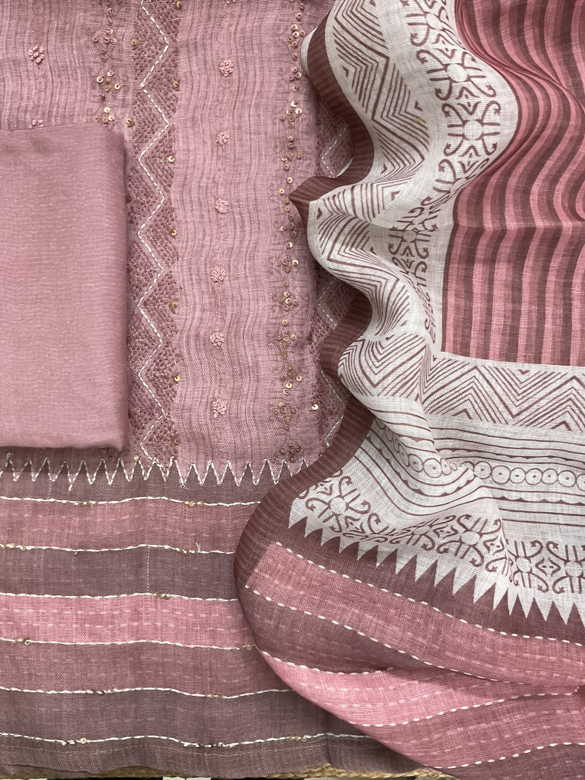 Pure Linen Jute Cotton Printed Embroidered Suit - Pink