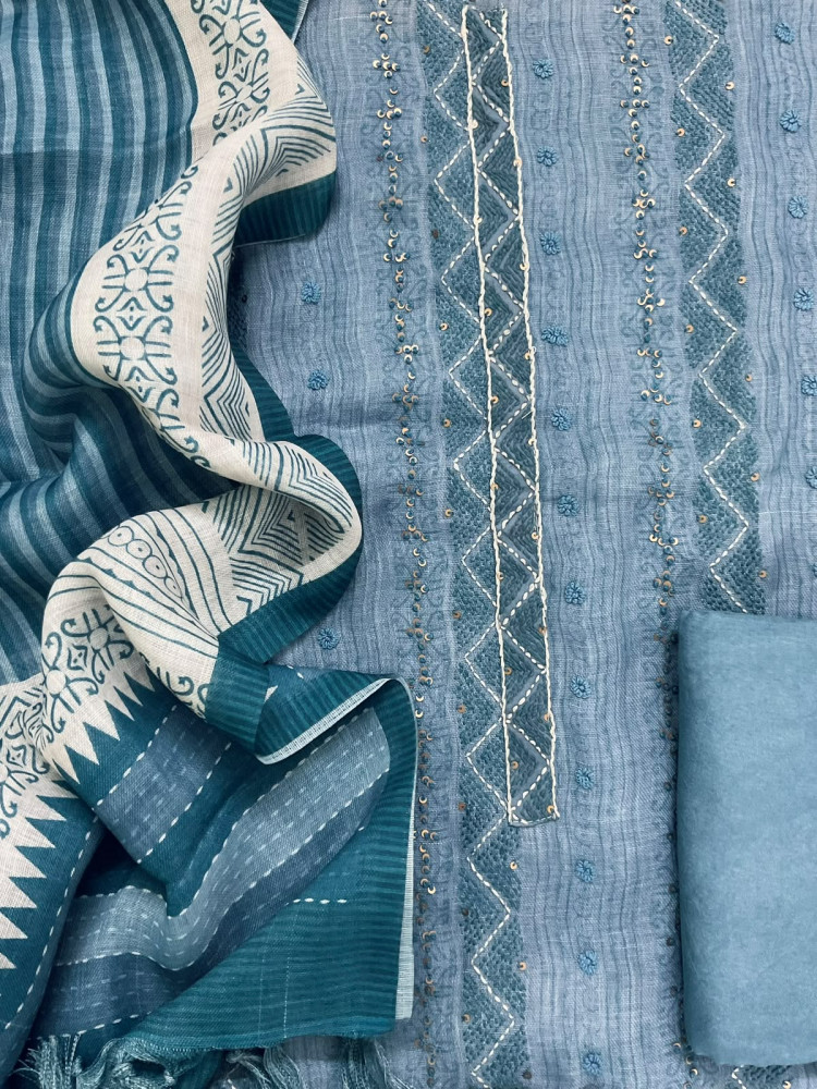 Image of Pure Linen Jute Cotton Printed Embroidered Suit - Blue