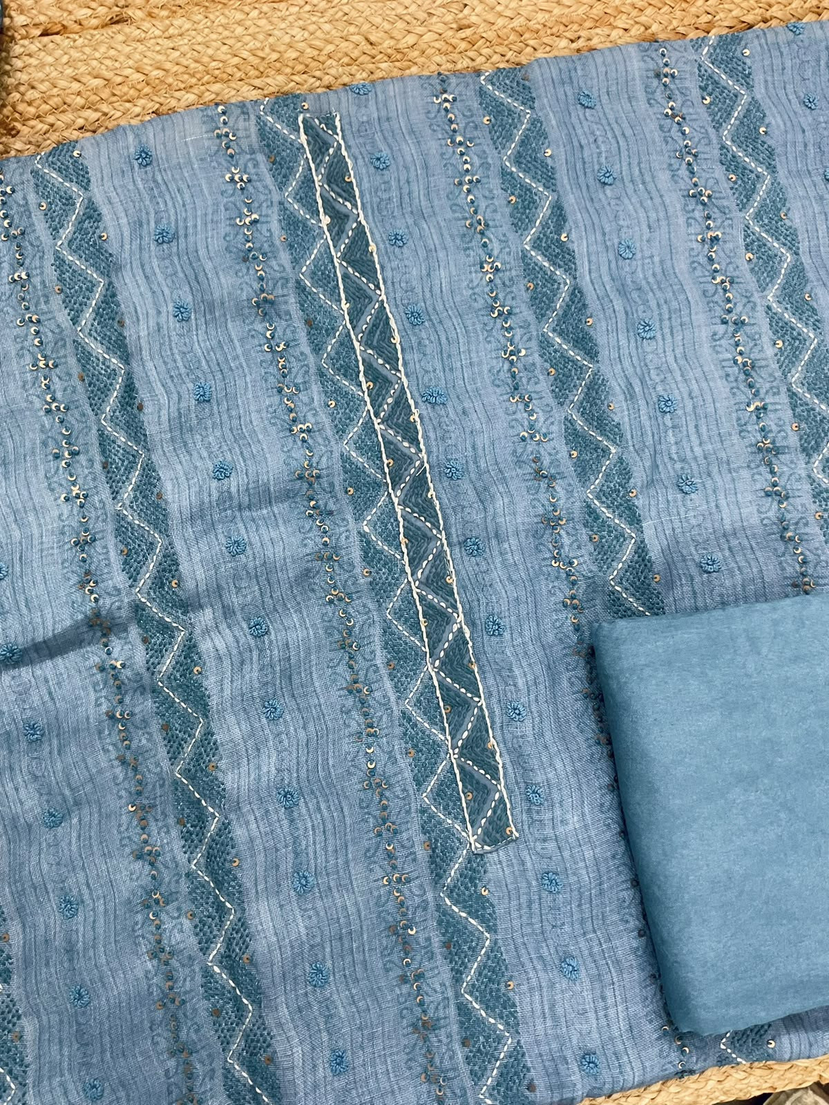 Pure Linen Jute Cotton Printed Embroidered Suit - Blue
