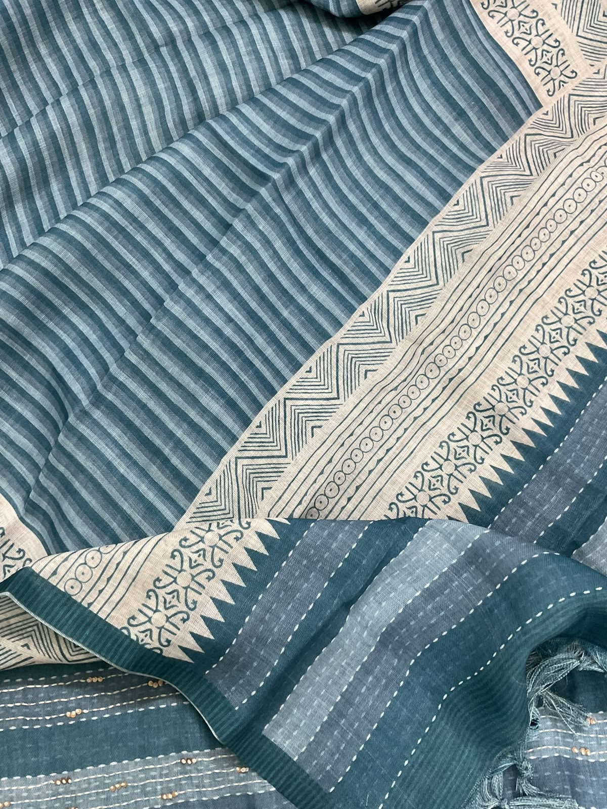 Pure Linen Jute Cotton Printed Embroidered Suit - Blue