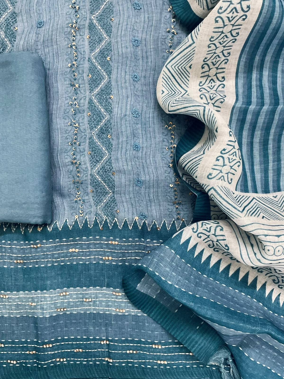 Pure Linen Jute Cotton Printed Embroidered Suit - Blue