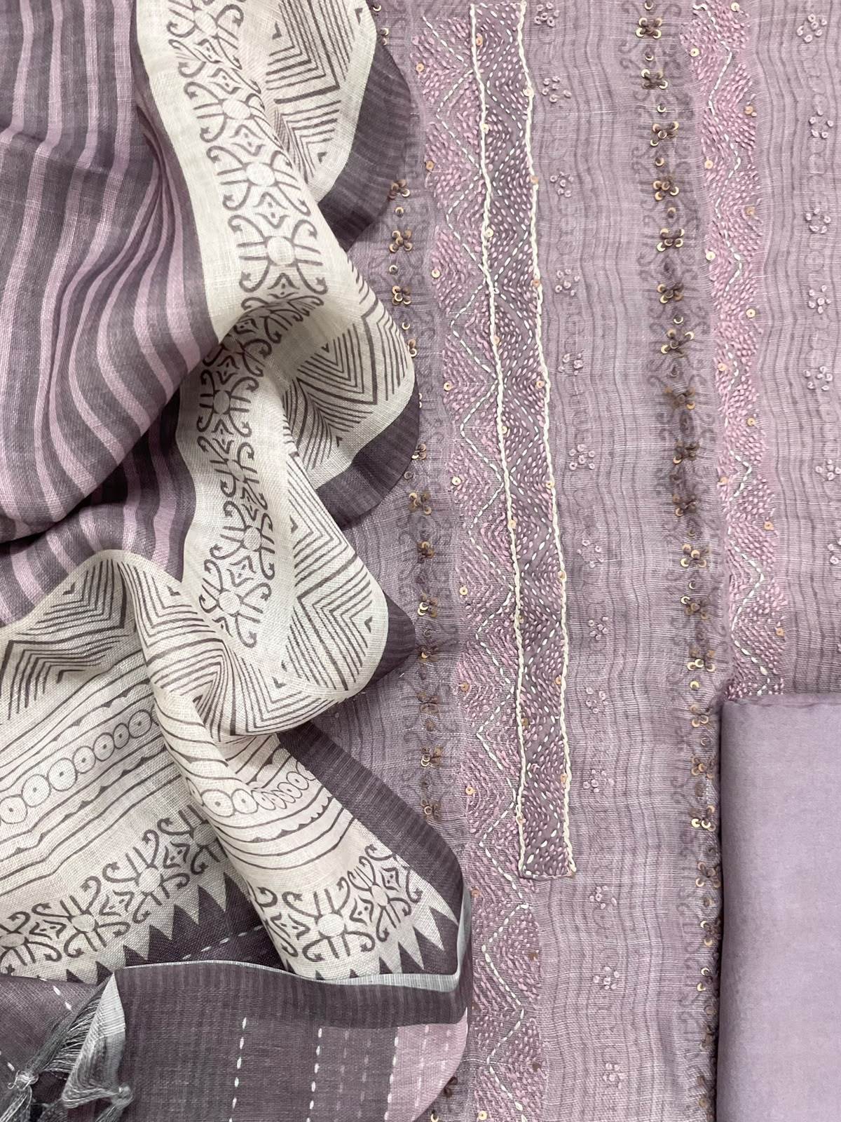 Pure Linen Jute Cotton Printed Embroidered Suit - Lavender