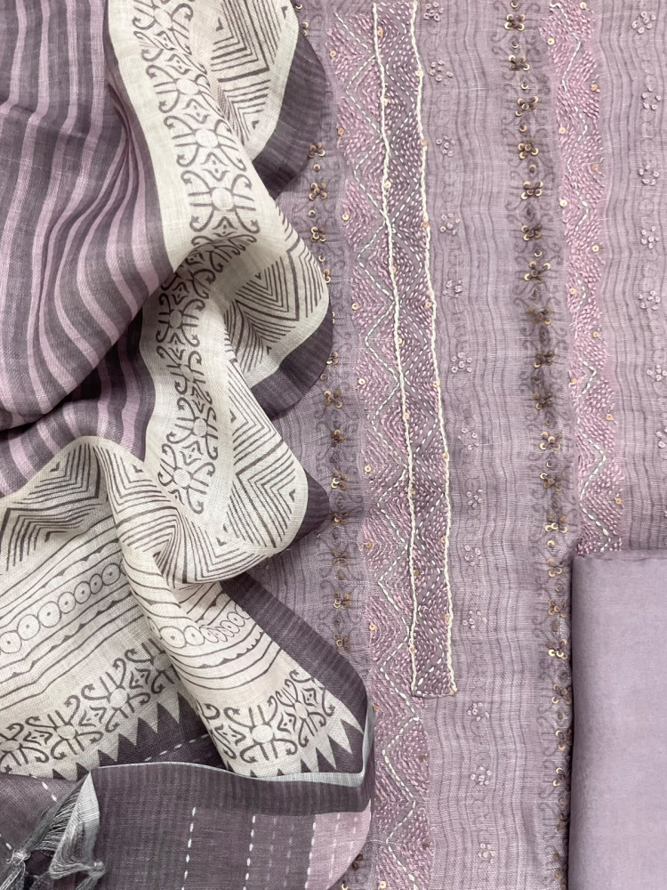 Image of Pure Linen Jute Cotton Printed Embroidered Suit - Lavender