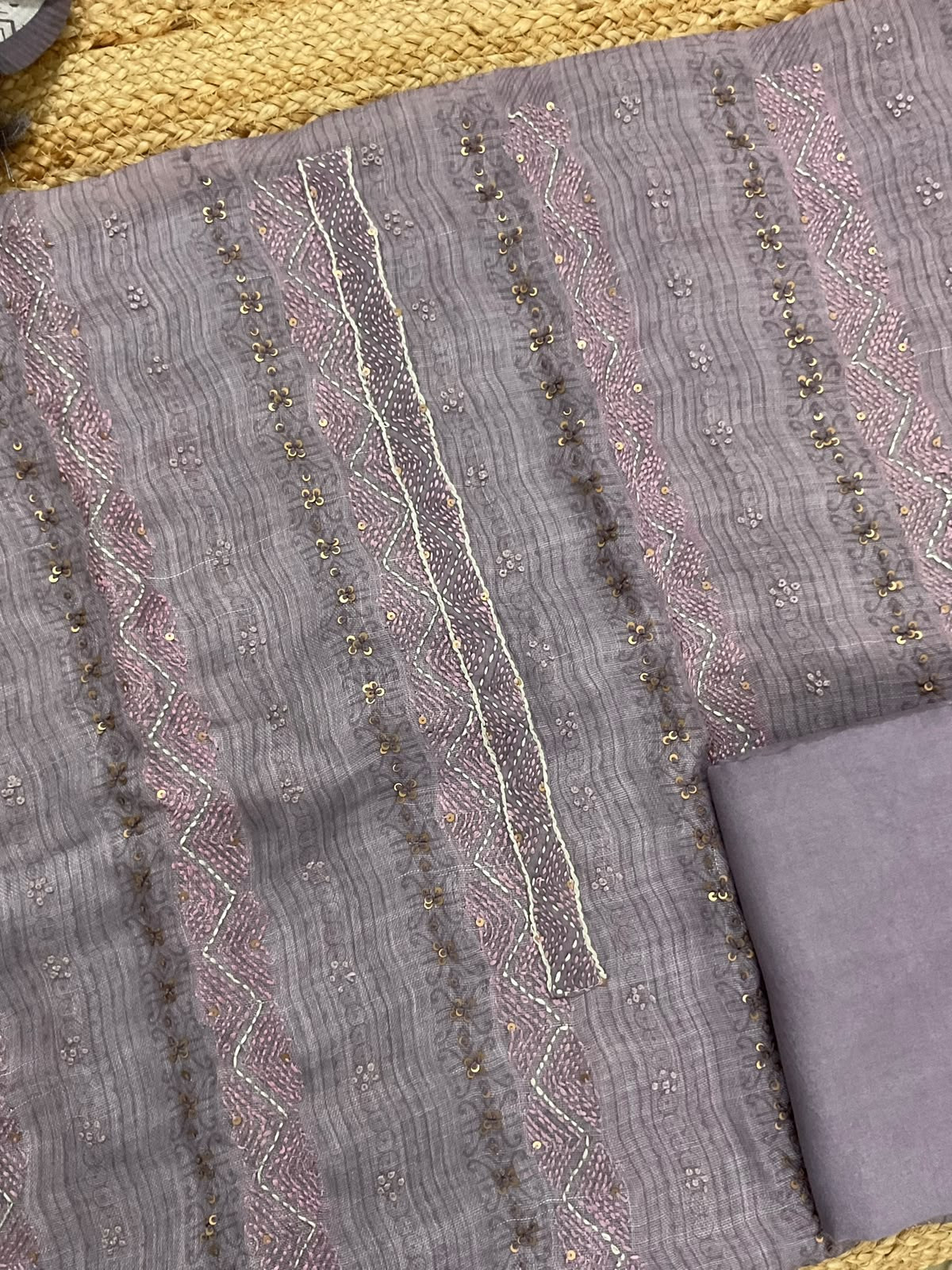 Pure Linen Jute Cotton Printed Embroidered Suit - Lavender
