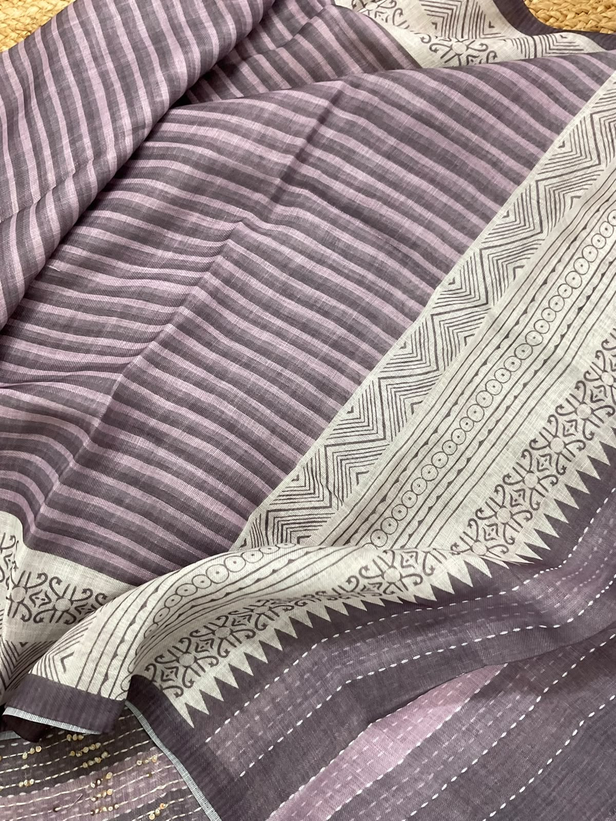 Pure Linen Jute Cotton Printed Embroidered Suit - Lavender