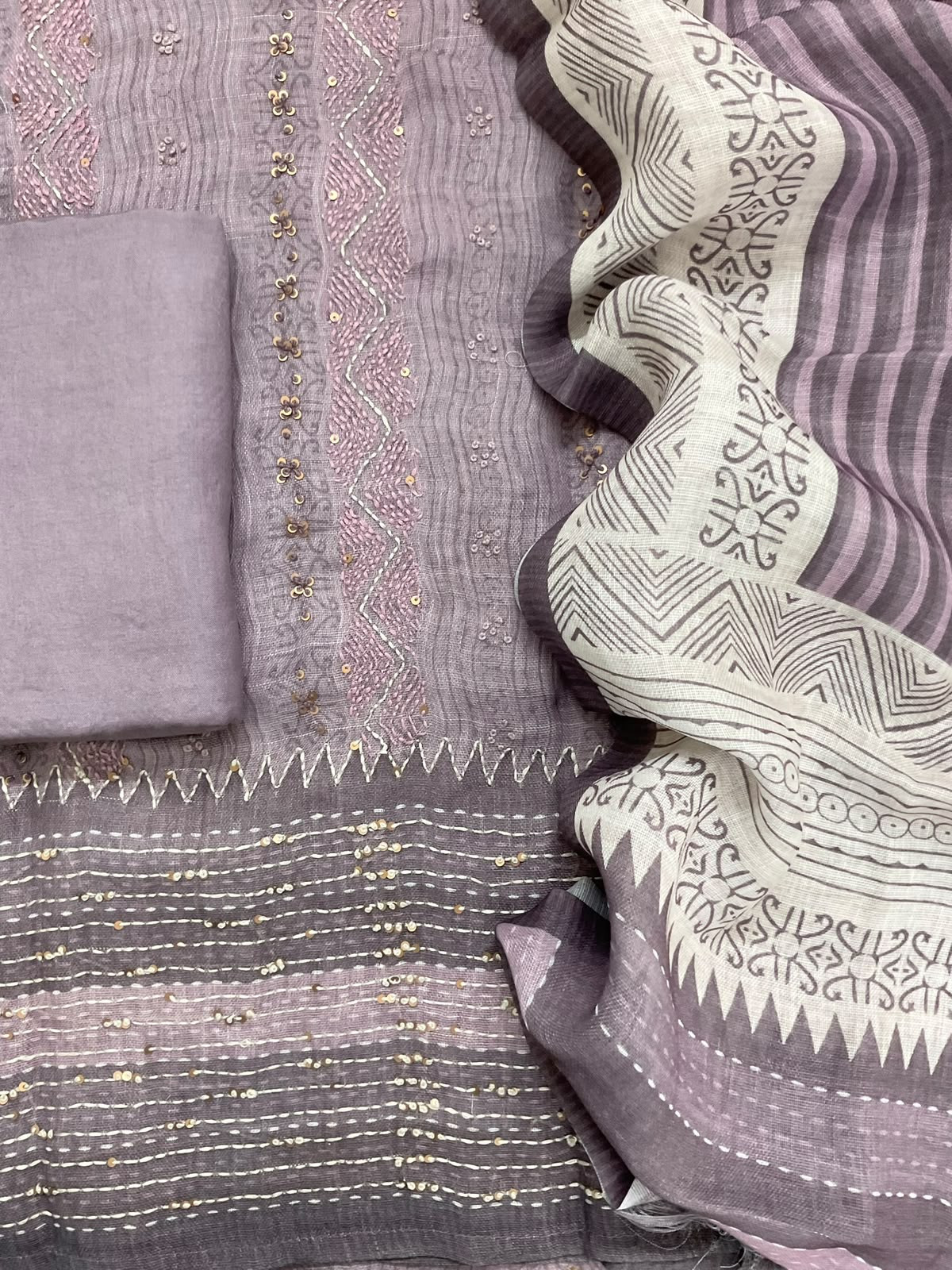 Pure Linen Jute Cotton Printed Embroidered Suit - Lavender
