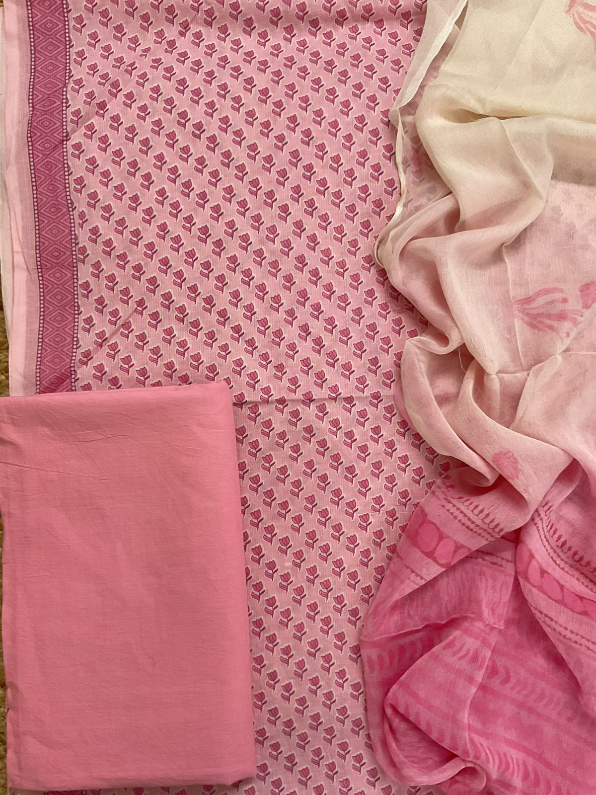 Pure Mul Cotton Printed Self Weaved Suit - Pink