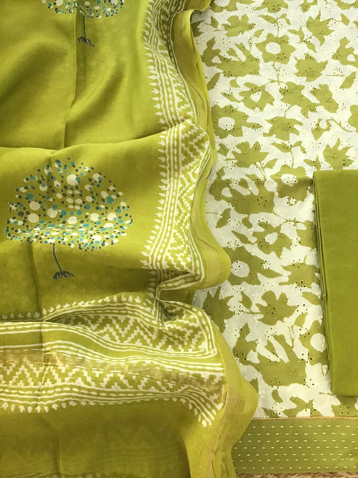 Pure Hakoba Cotton Printed Embroidered Suit - Green