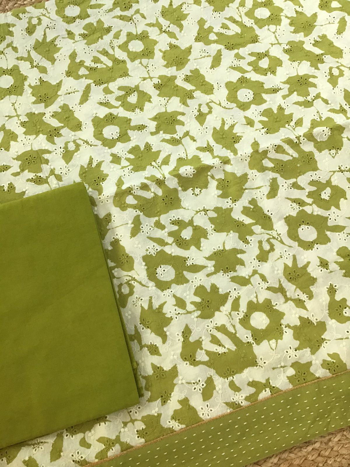 Pure Hakoba Cotton Printed Embroidered Suit - Green