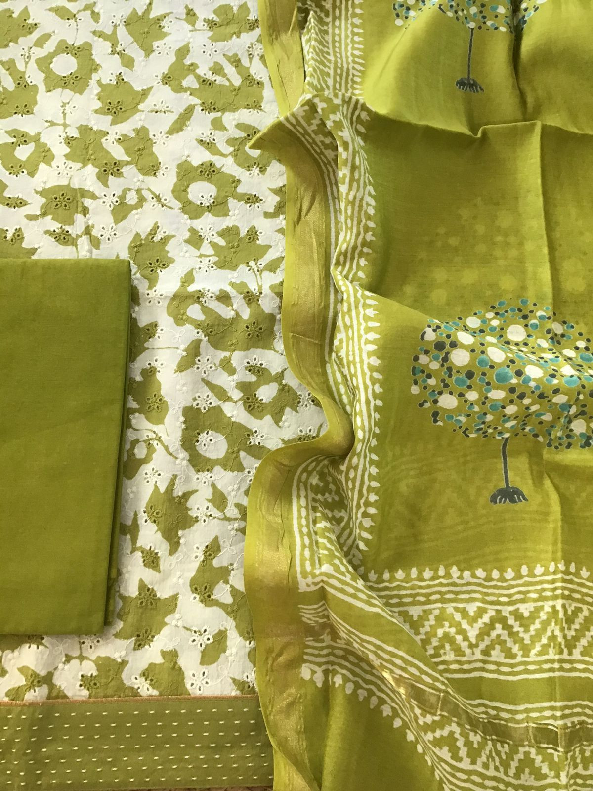 Pure Hakoba Cotton Printed Embroidered Suit - Green