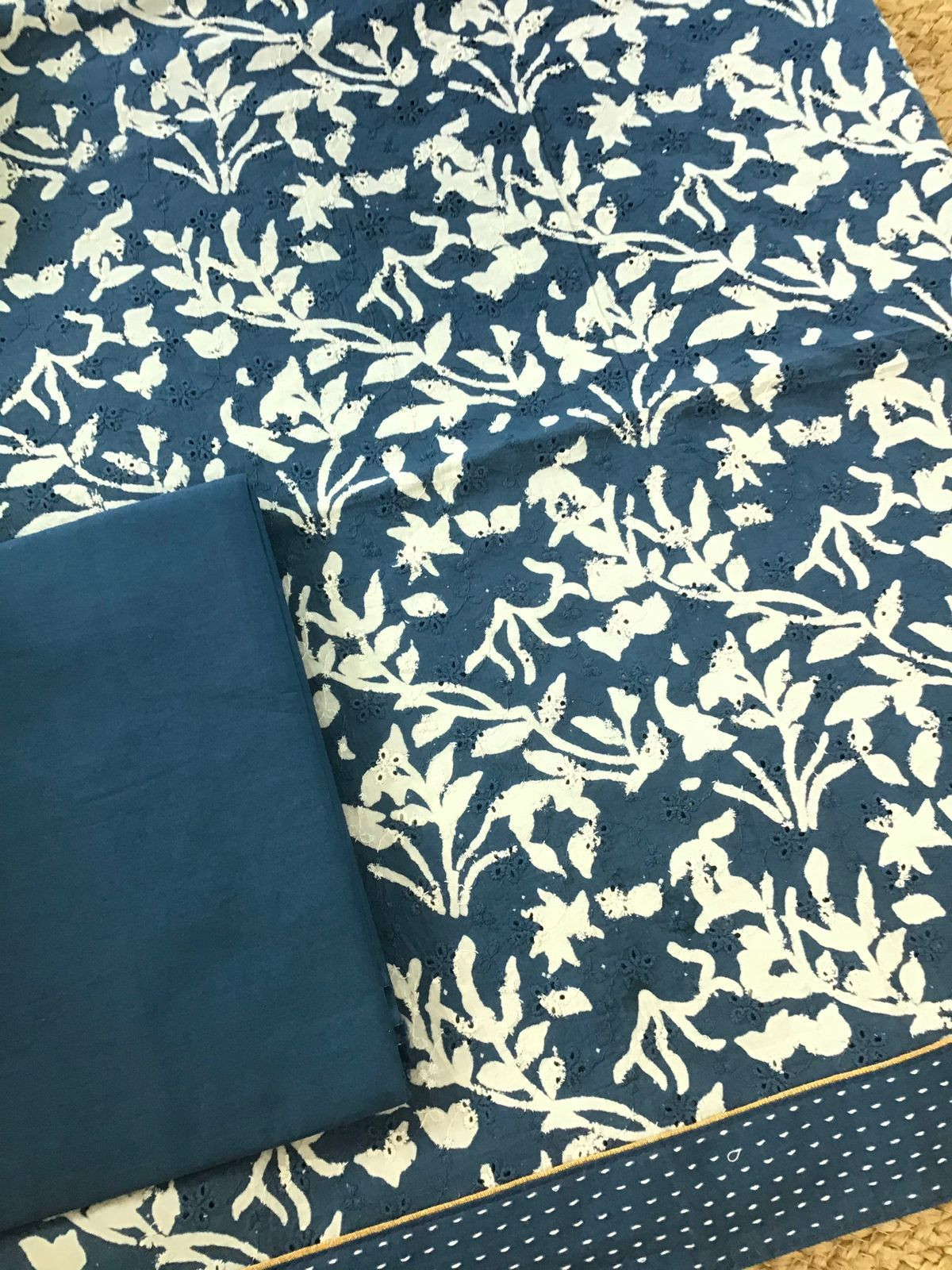 Pure Hakoba Cotton Printed Embroidered Suit - Blue