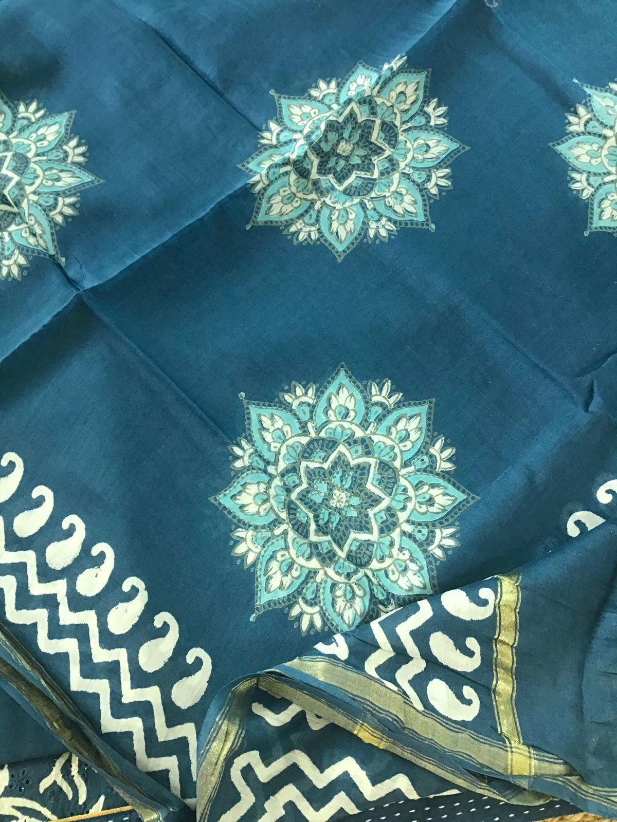 Pure Hakoba Cotton Printed Embroidered Suit - Blue