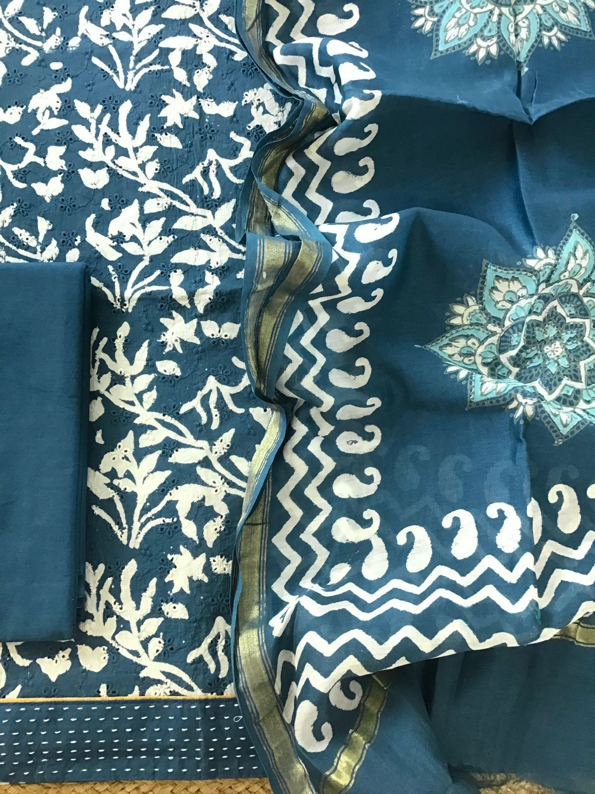 Pure Hakoba Cotton Printed Embroidered Suit - Blue