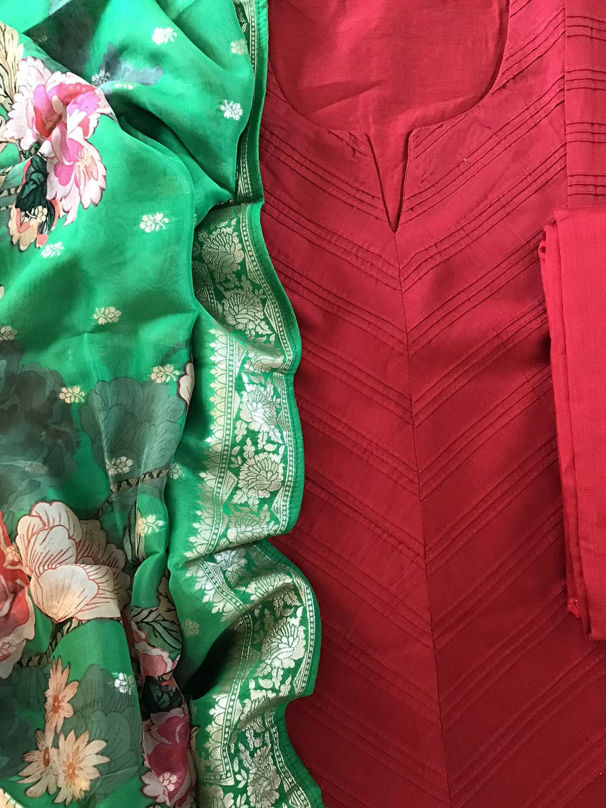 Pure Cotton Silk Printed Embroidered Suit - Red