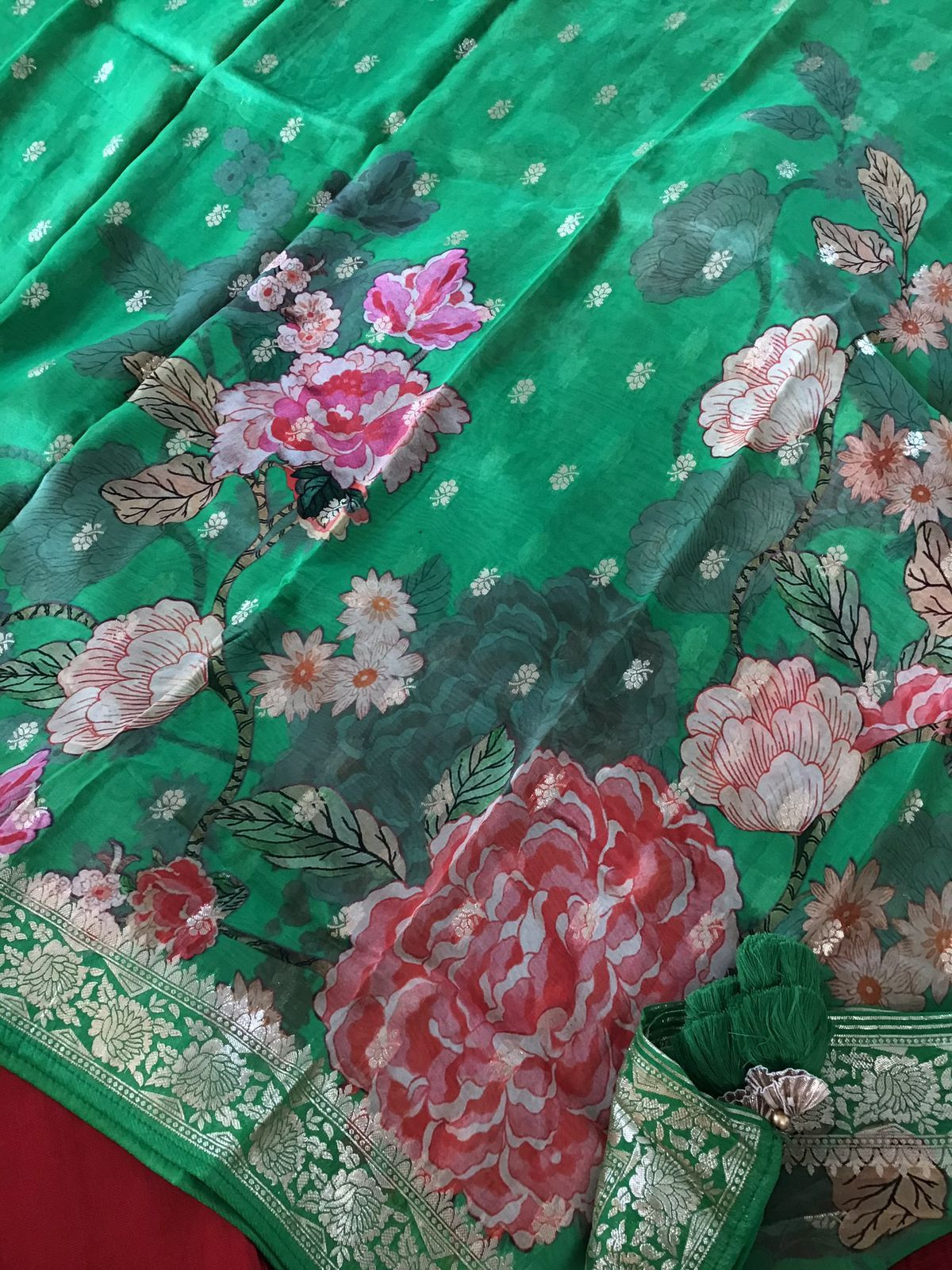 Pure Cotton Silk Printed Embroidered Suit - Red