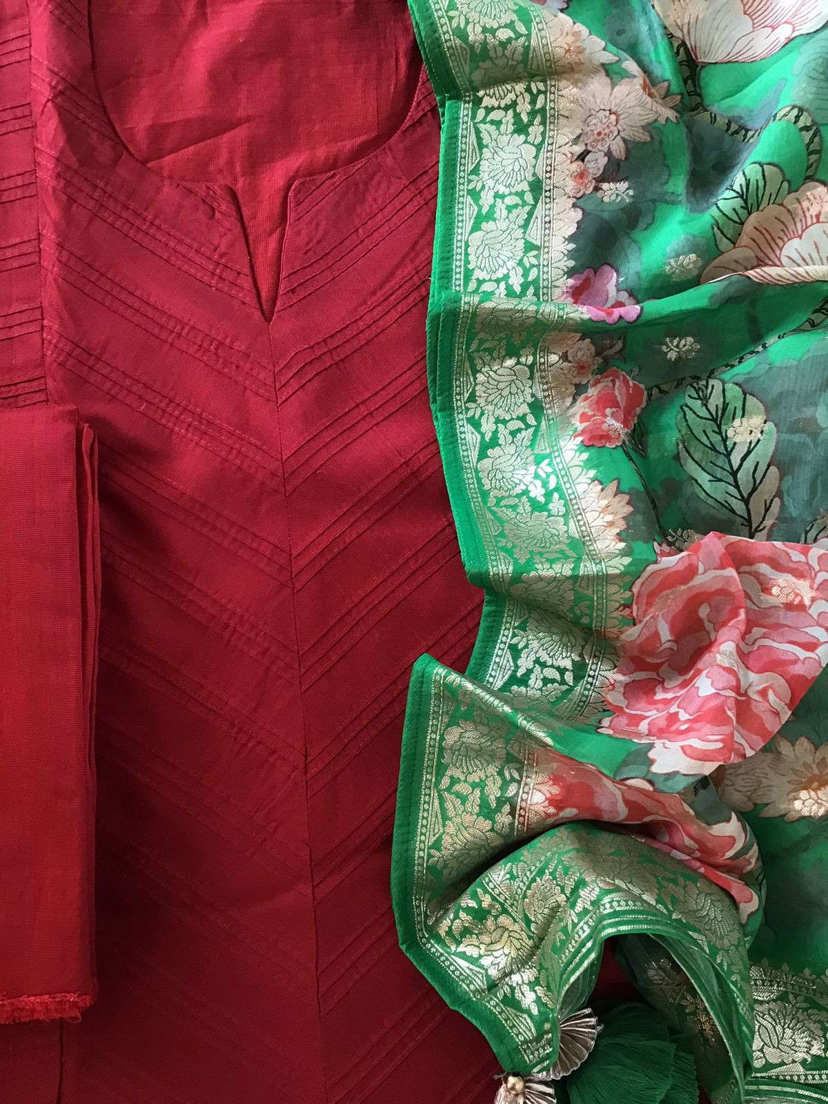 Pure Cotton Silk Printed Embroidered Suit - Red