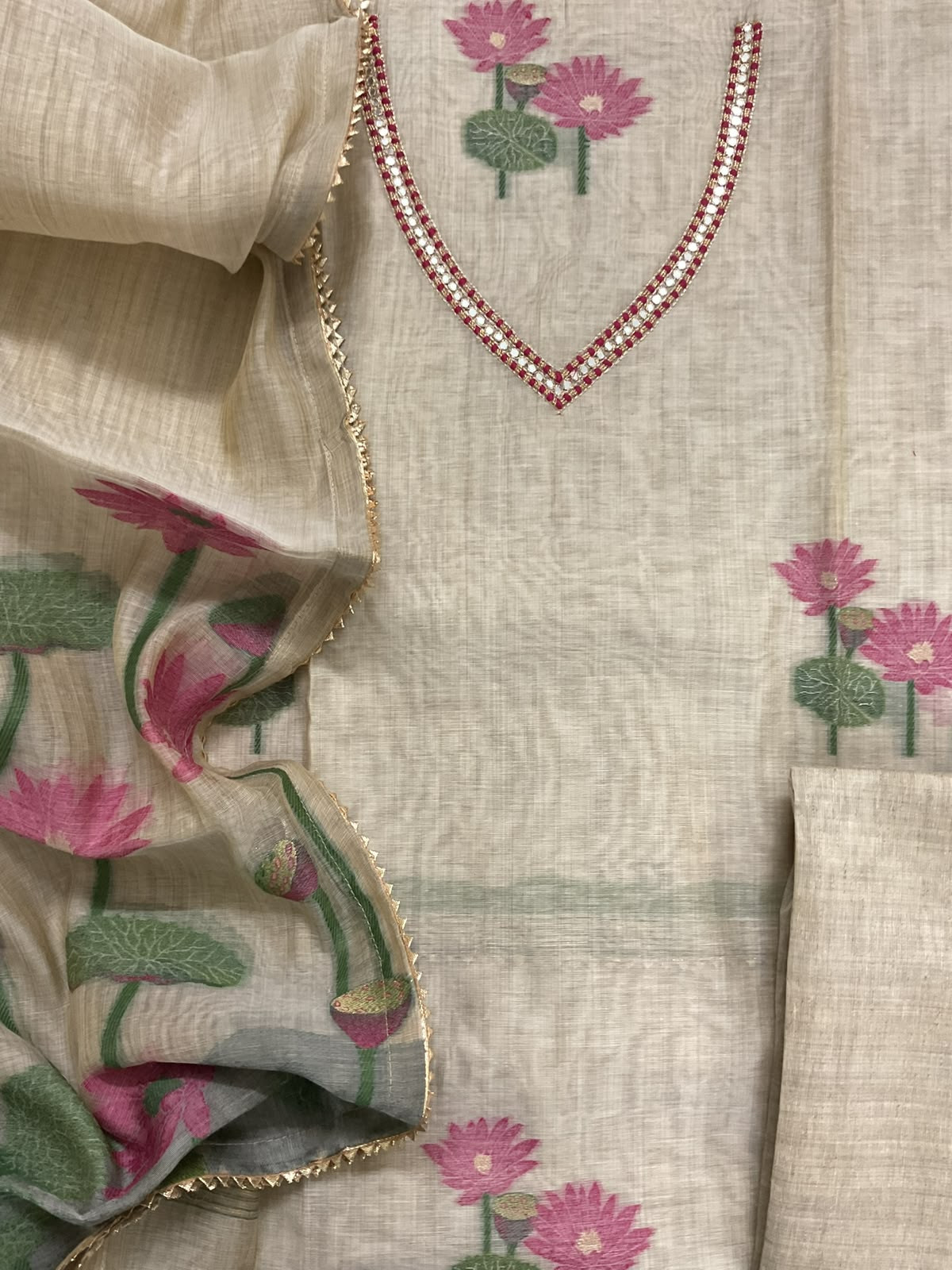 Pure Slub Chanderi Jamdani Weaved Embroidered Suit - Beige