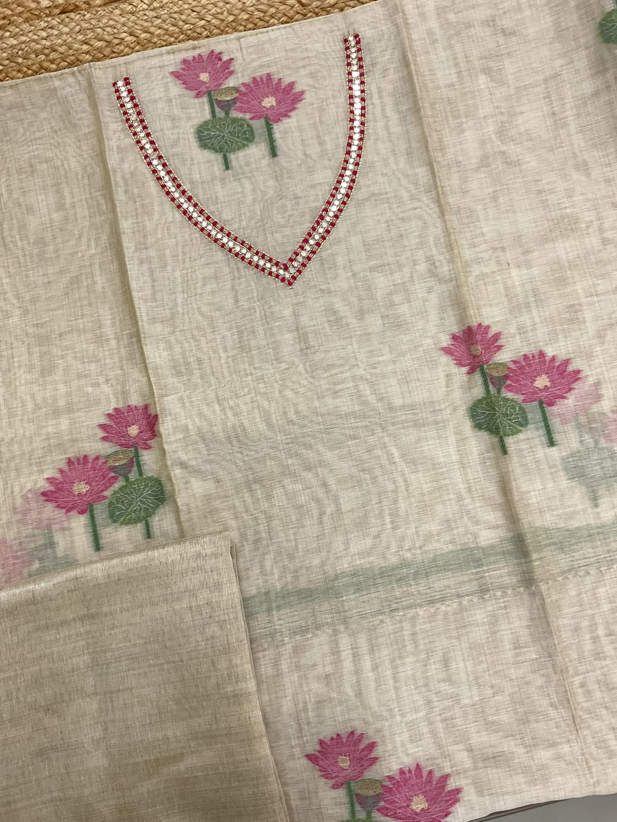 Pure Slub Chanderi Jamdani Weaved Embroidered Suit - Beige