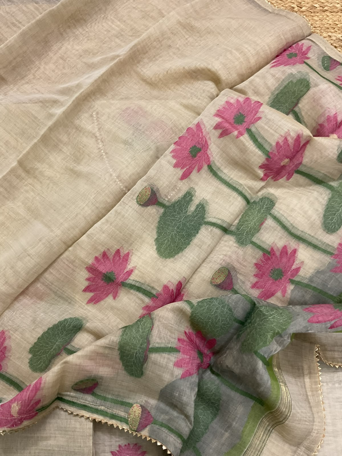 Pure Slub Chanderi Jamdani Weaved Embroidered Suit - Beige