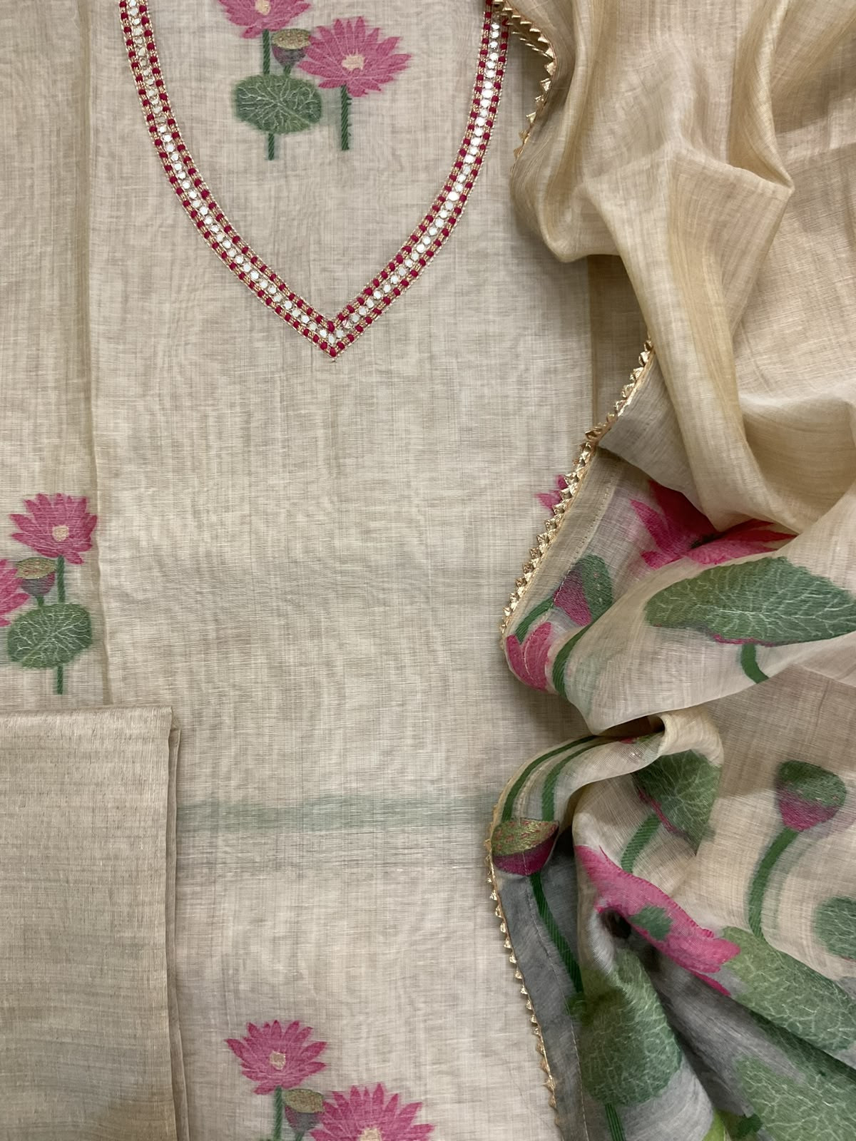 Pure Slub Chanderi Jamdani Weaved Embroidered Suit - Beige