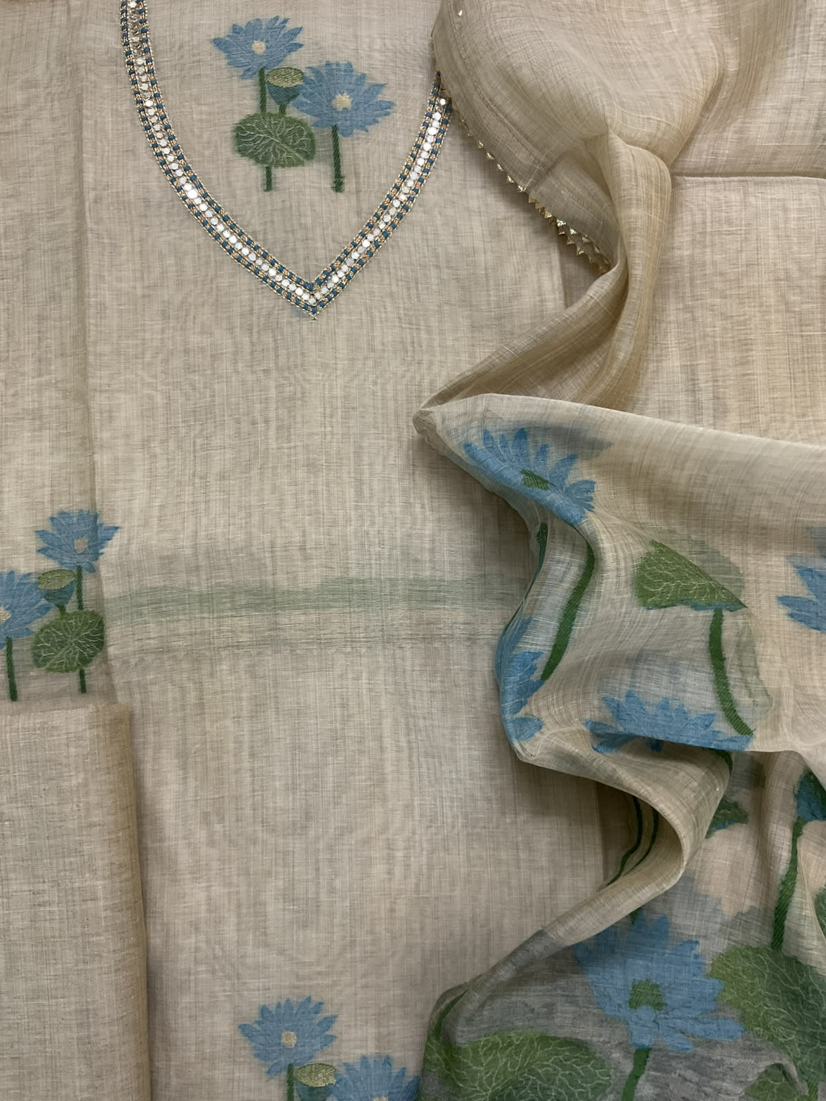 Pure Slub Chanderi Jamdani Weaved Embroidered Suit - Beige