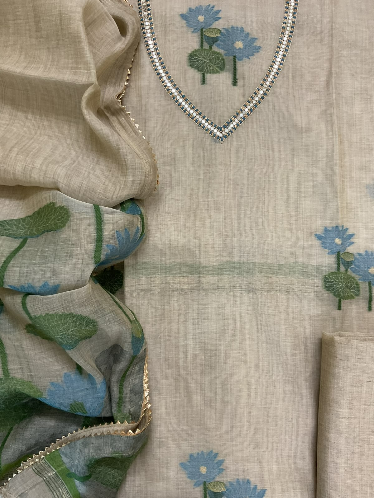 Pure Slub Chanderi Jamdani Weaved Embroidered Suit - Beige