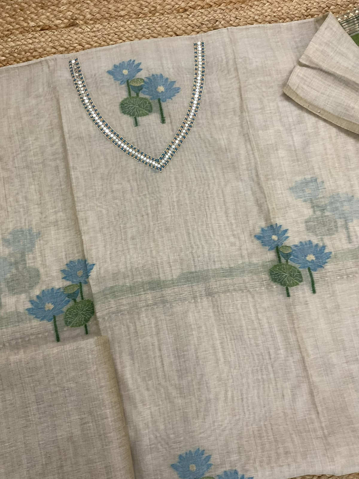 Pure Slub Chanderi Jamdani Weaved Embroidered Suit - Beige