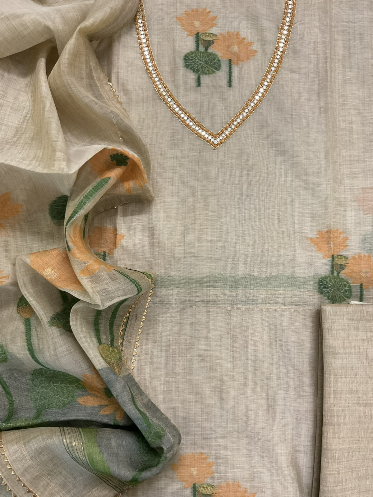 Pure Slub Chanderi Jamdani Weaved Embroidered Suit - Beige