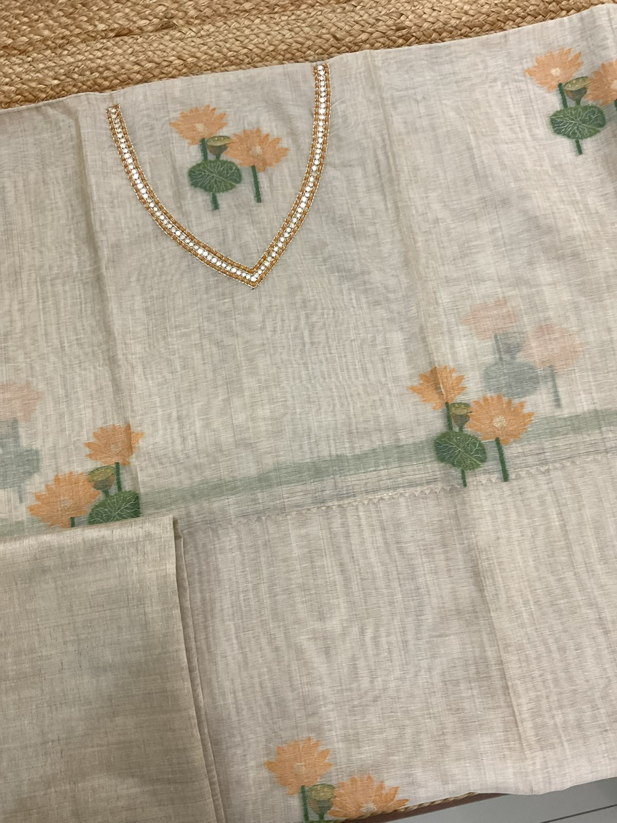 Pure Slub Chanderi Jamdani Weaved Embroidered Suit - Beige