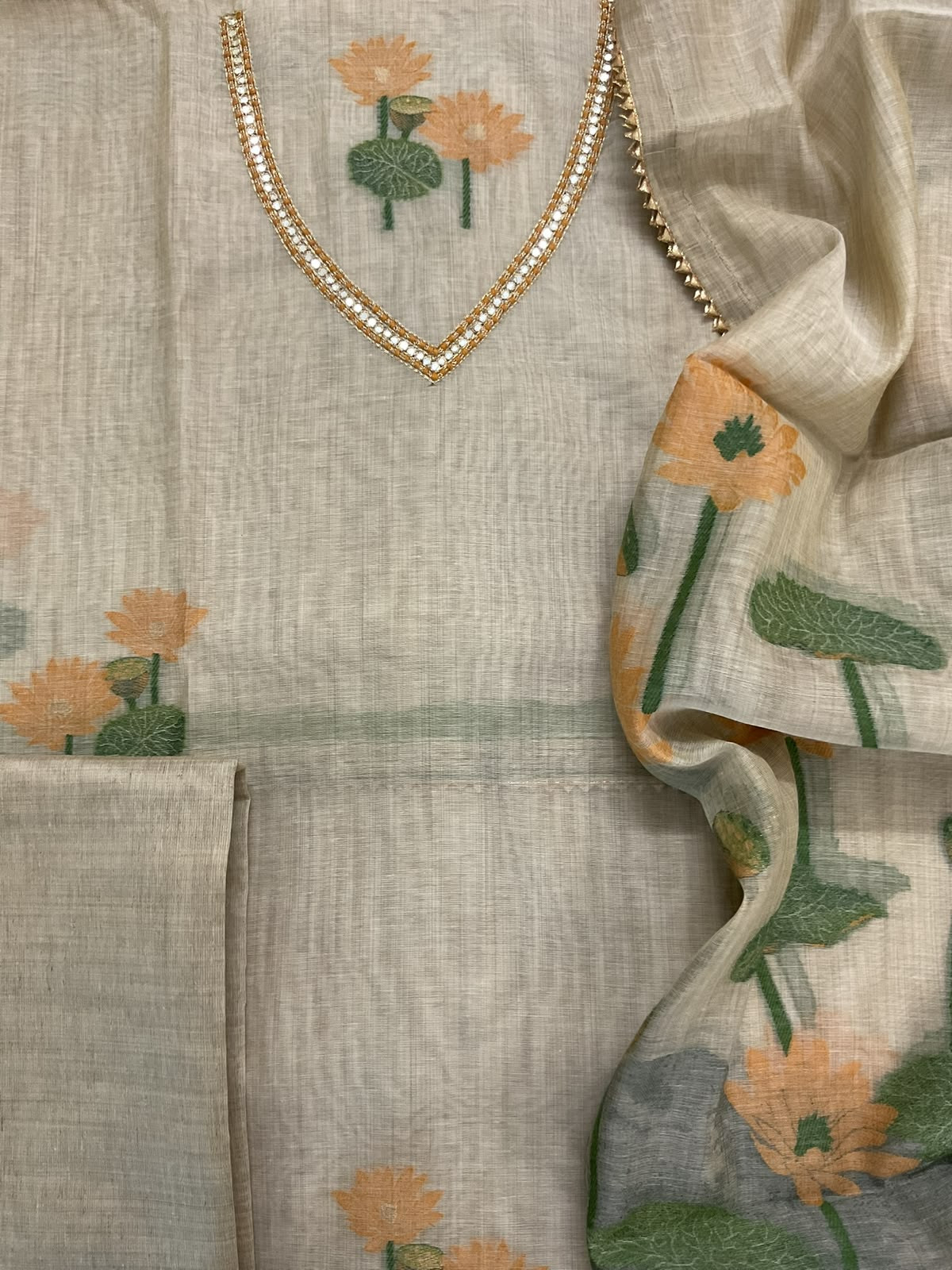 Pure Slub Chanderi Jamdani Weaved Embroidered Suit - Beige
