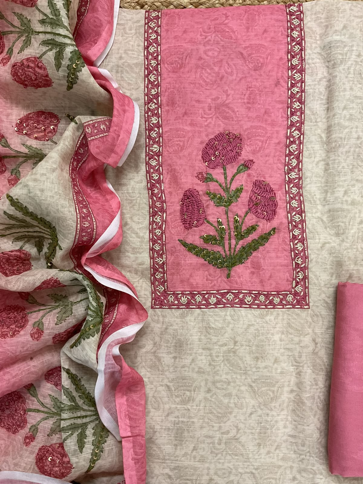 Soft Linen Jute Cotton Printed Embroidered Suit - Beige