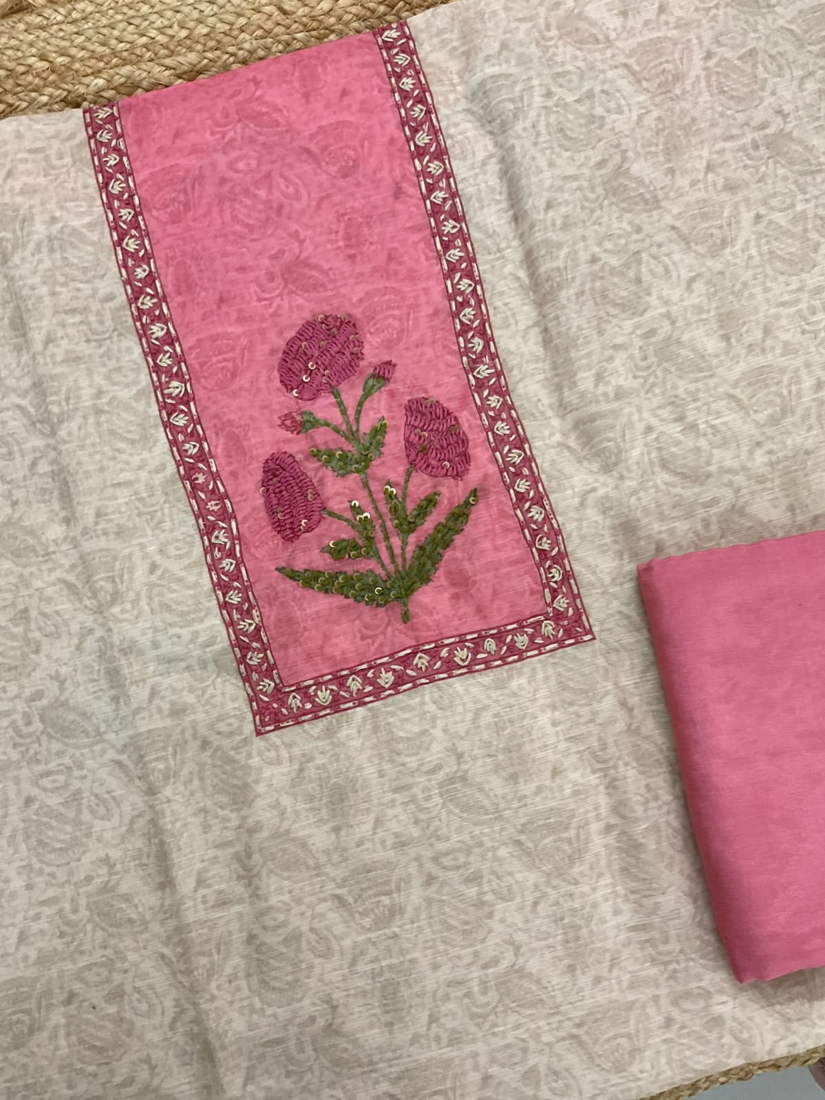 Soft Linen Jute Cotton Printed Embroidered Suit - Beige