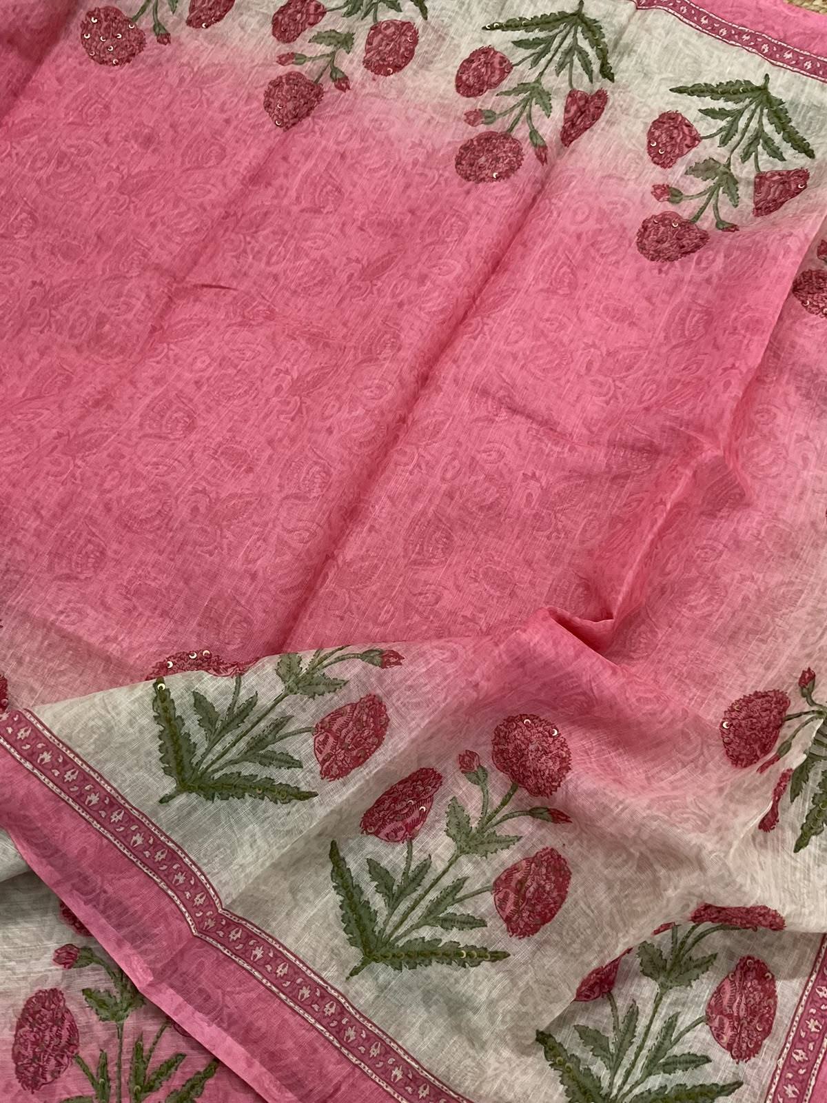 Soft Linen Jute Cotton Printed Embroidered Suit - Beige