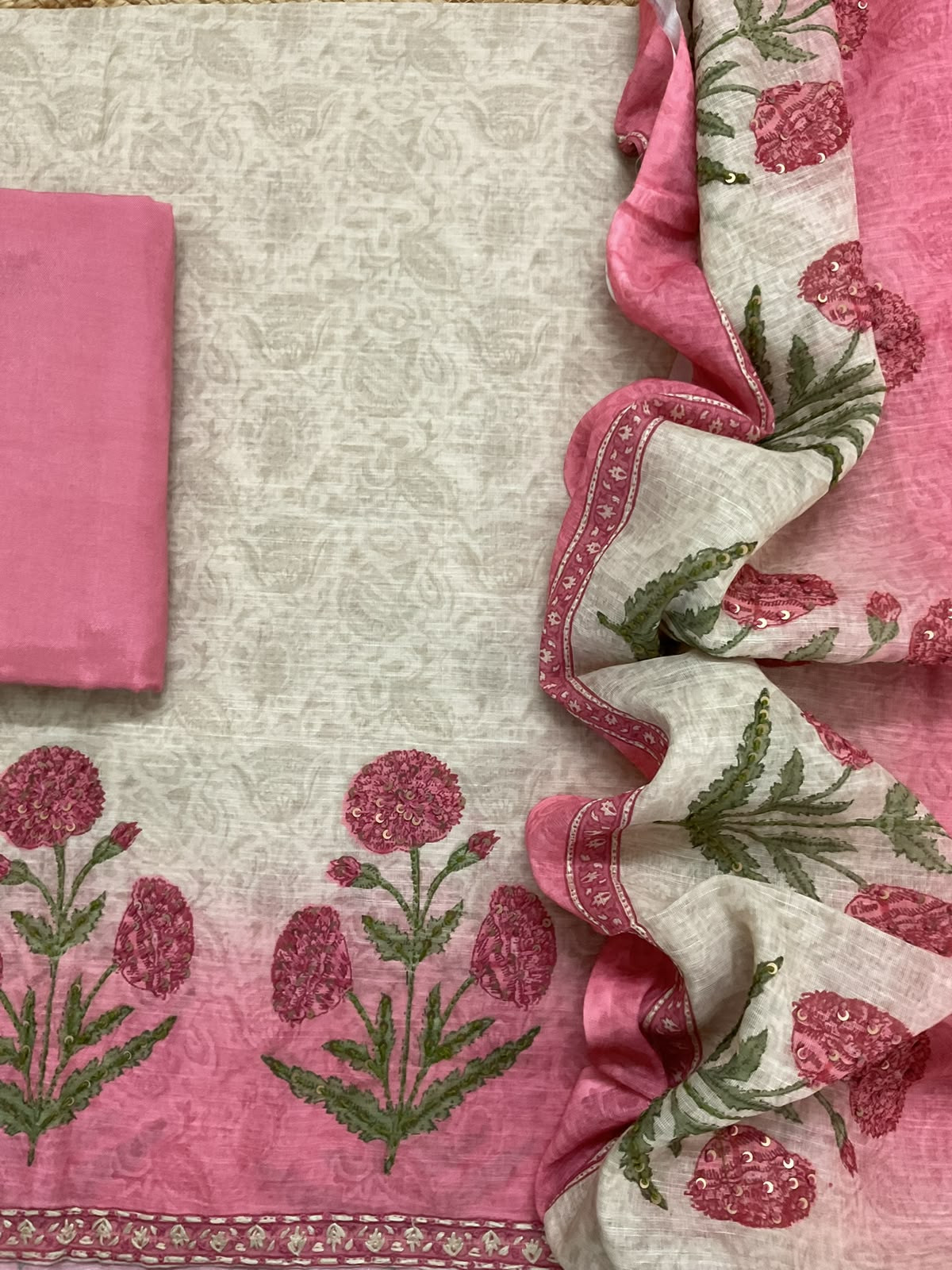 Soft Linen Jute Cotton Printed Embroidered Suit - Beige