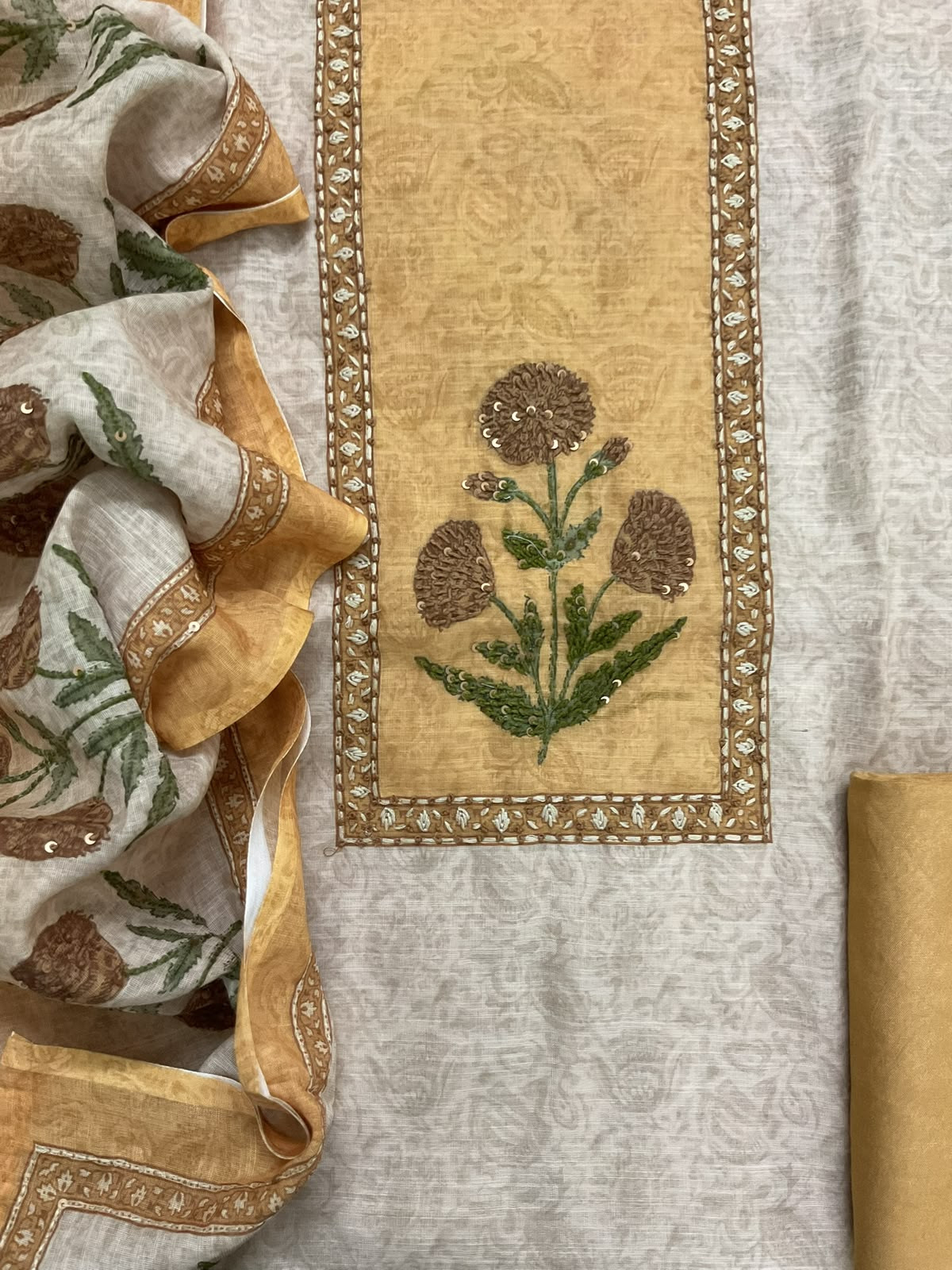 Soft Linen Jute Cotton Printed Embroidered Suit - Beige