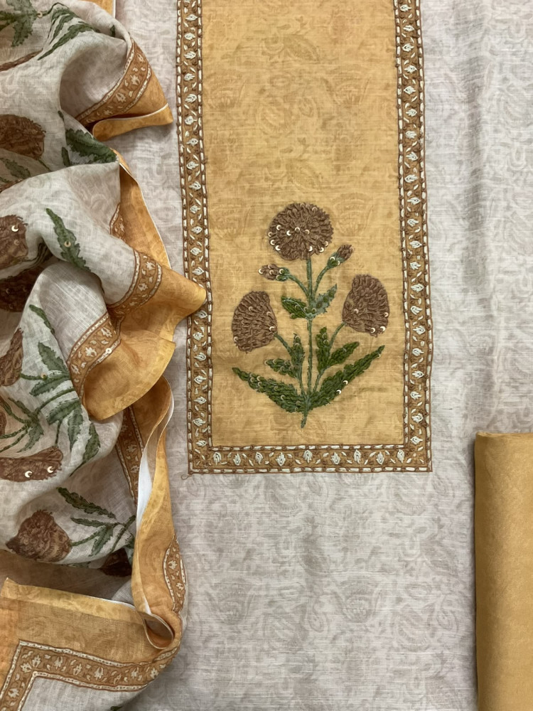 Image of Soft Linen Jute Cotton Printed Embroidered Suit - Beige
