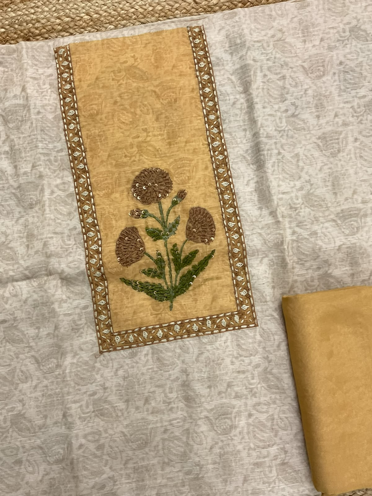 Soft Linen Jute Cotton Printed Embroidered Suit - Beige