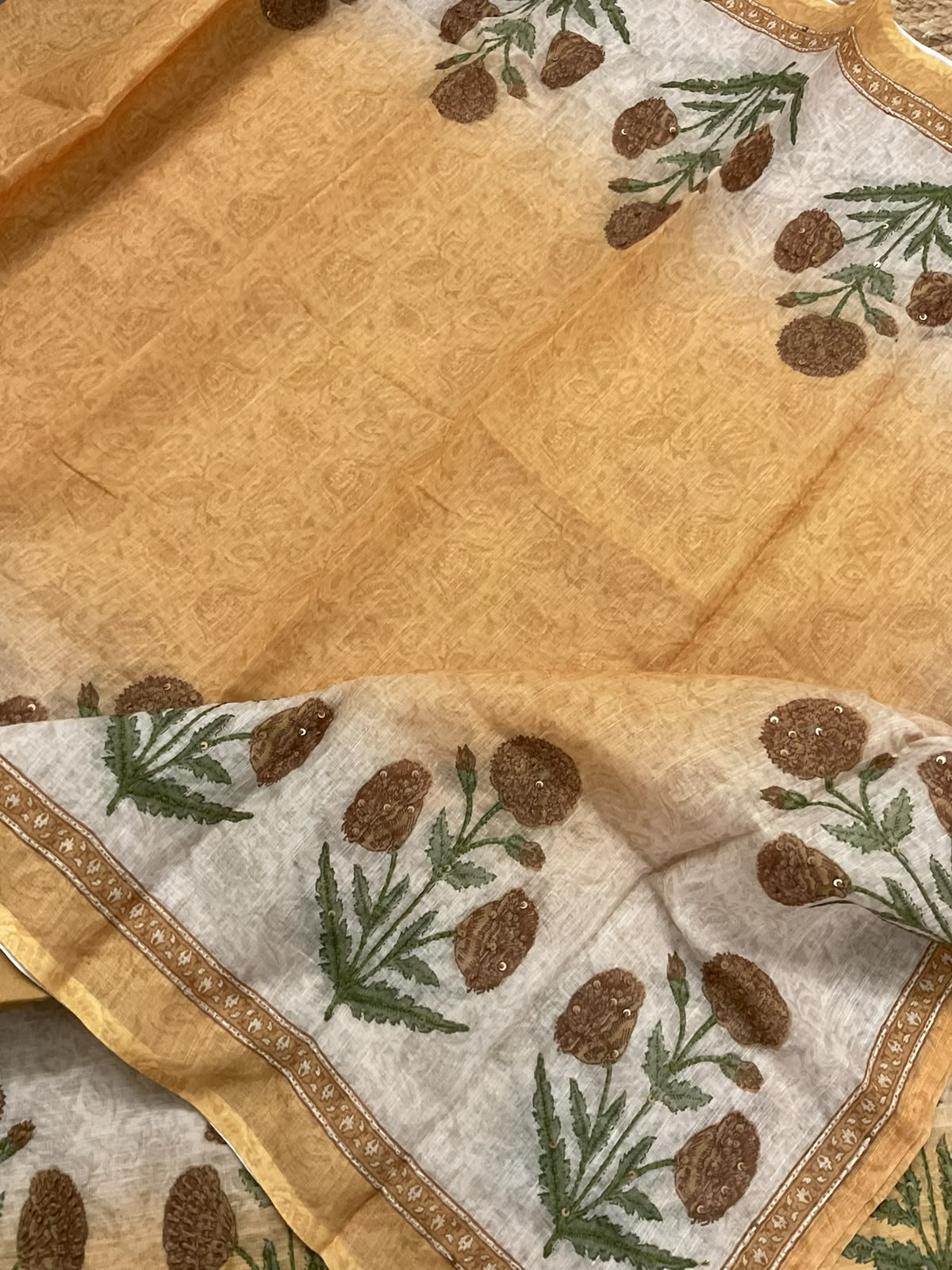 Soft Linen Jute Cotton Printed Embroidered Suit - Beige