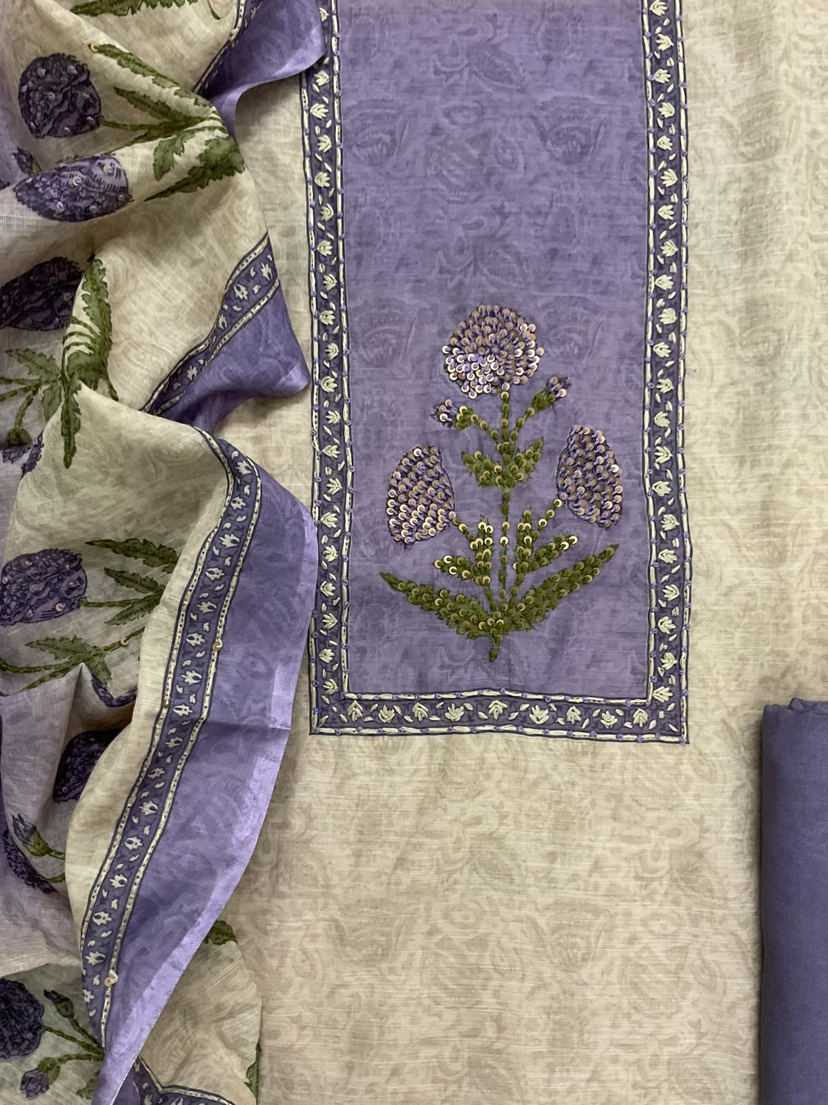 Soft Linen Jute Cotton Printed Embroidered Suit - Beige