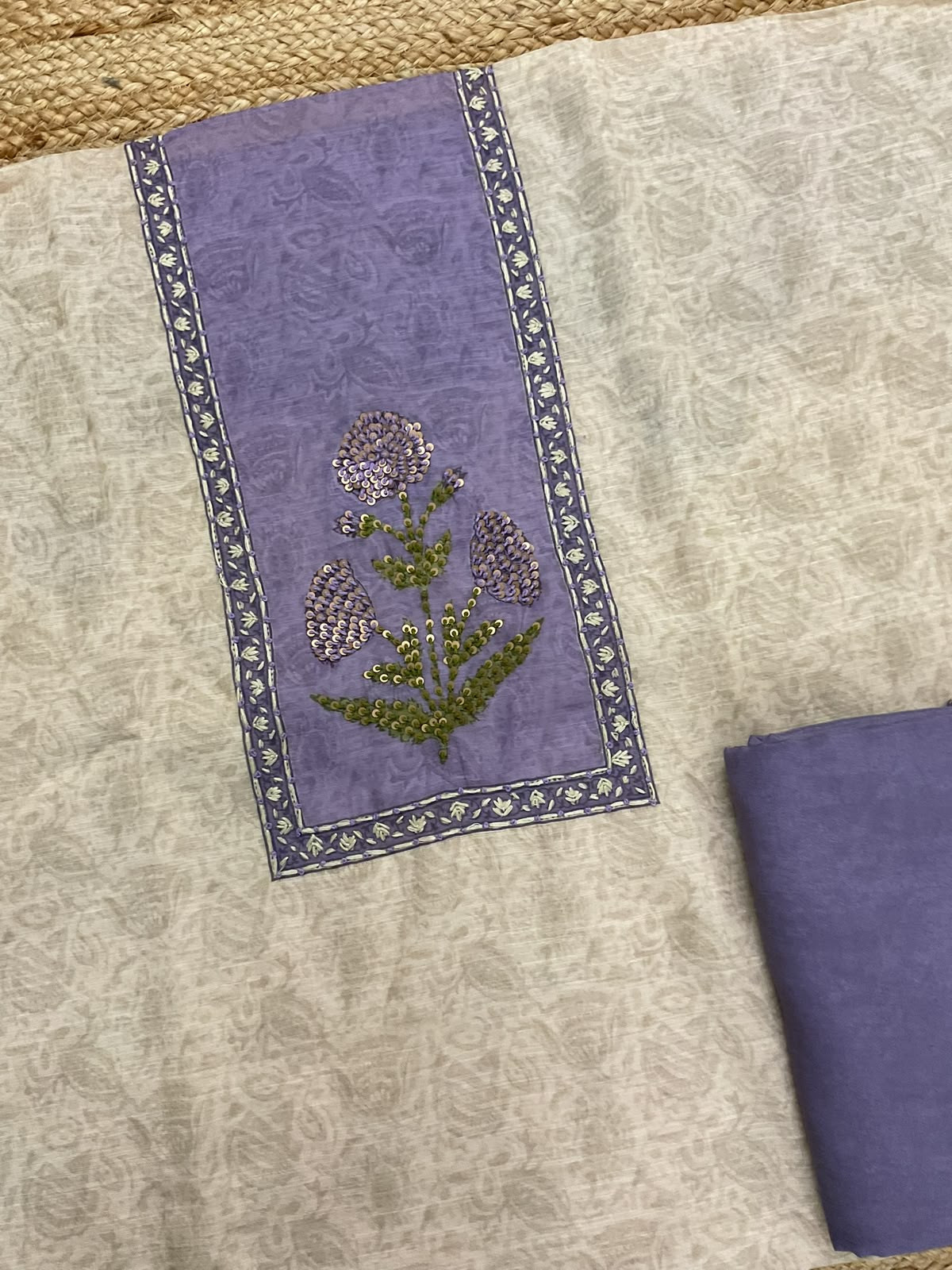 Soft Linen Jute Cotton Printed Embroidered Suit - Beige