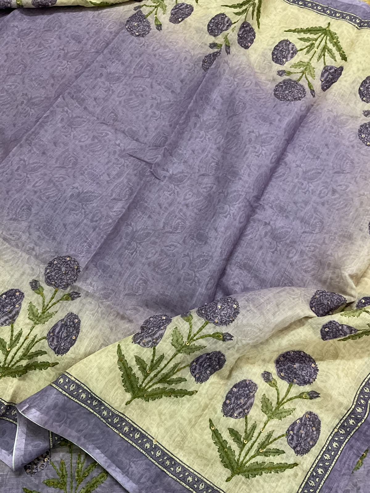 Soft Linen Jute Cotton Printed Embroidered Suit - Beige