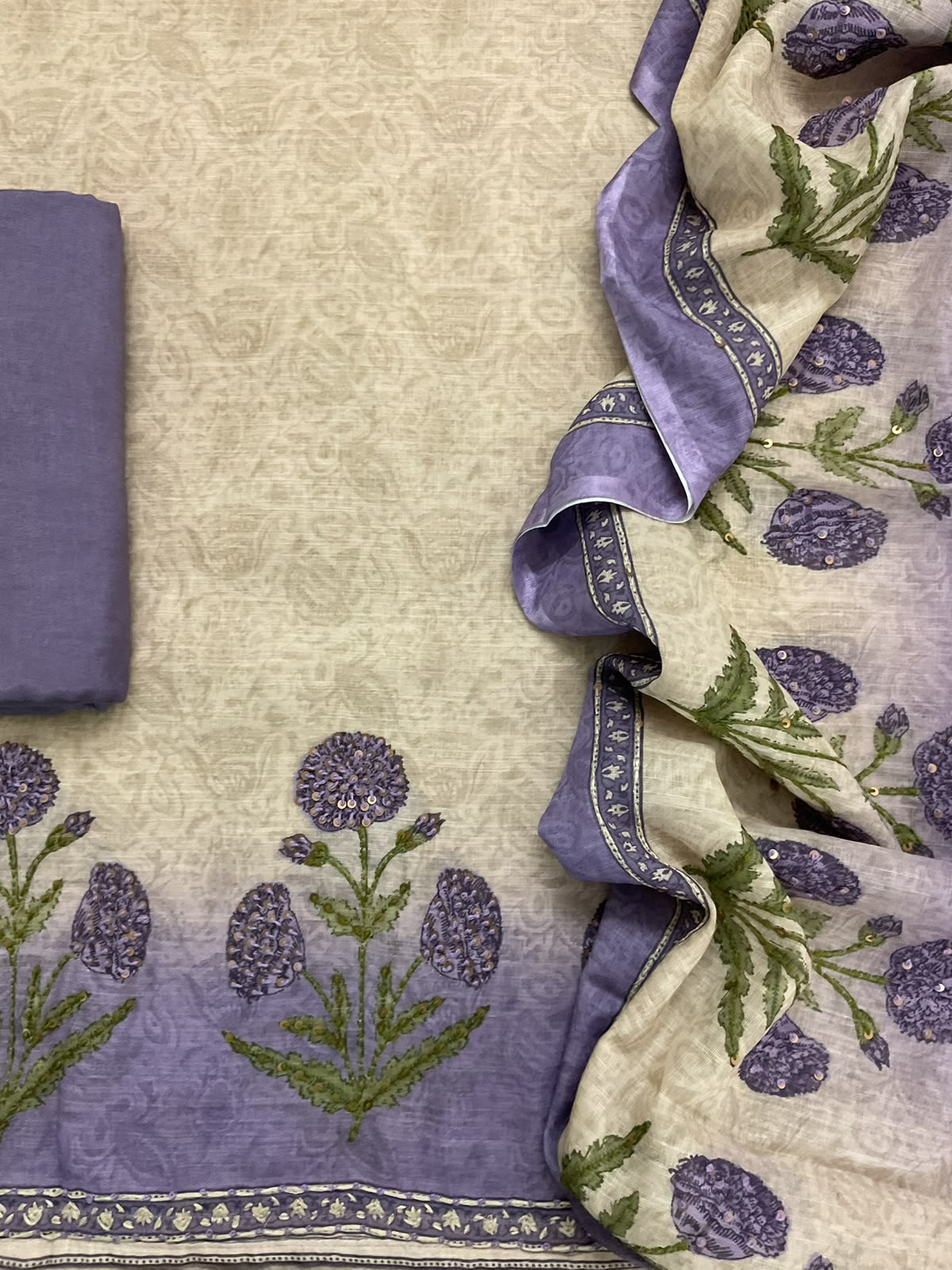 Soft Linen Jute Cotton Printed Embroidered Suit - Beige