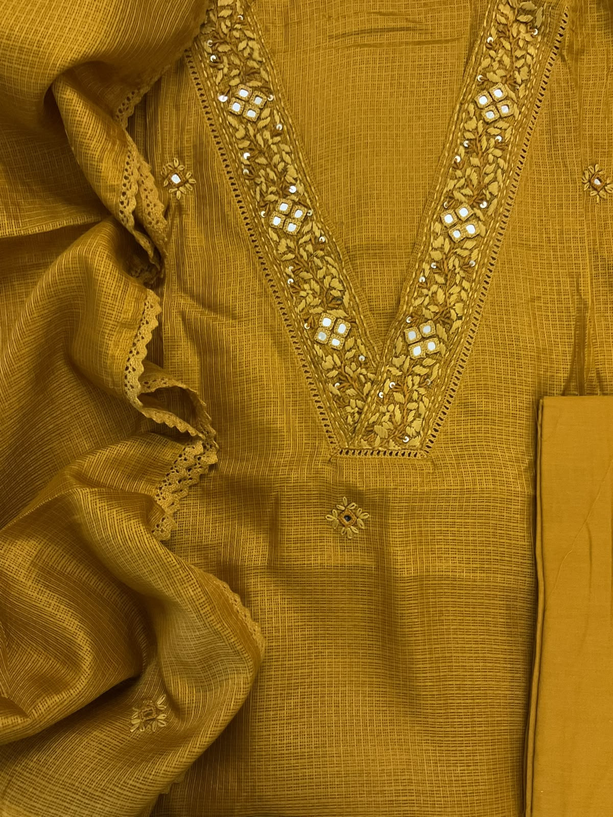 Soft Kota Silk Embroidered Suit - Yellow