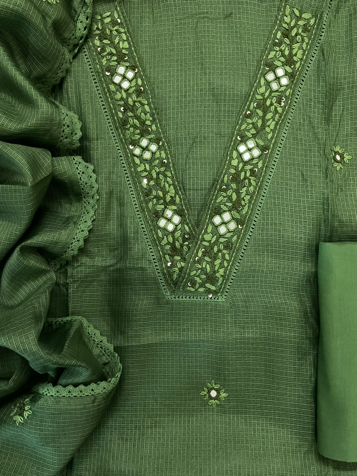 Soft Kota Silk Embroidered Suit - Green