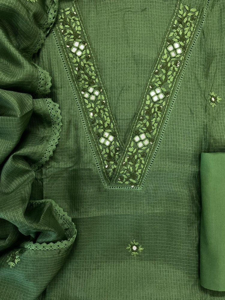 Image of Soft Kota Silk Embroidered Suit - Green