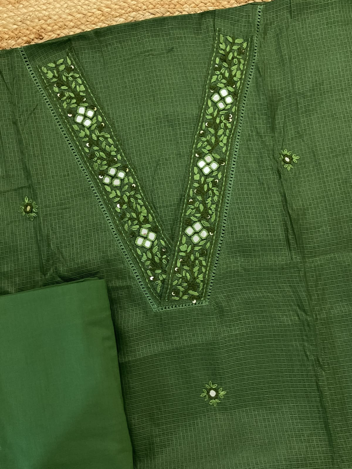 Soft Kota Silk Embroidered Suit - Green
