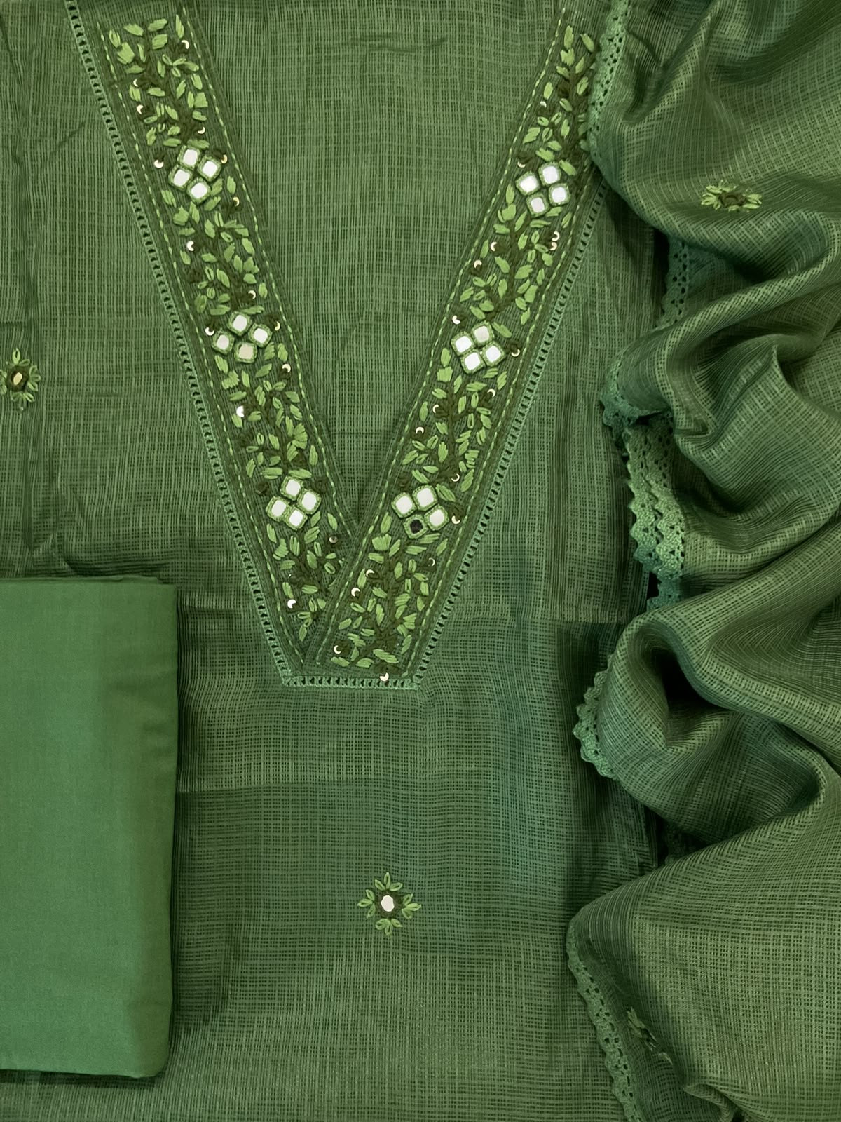 Soft Kota Silk Embroidered Suit - Green