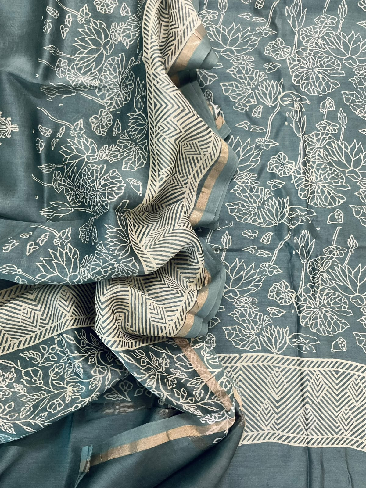Pure Mul Chanderi Printed Suit - Grey