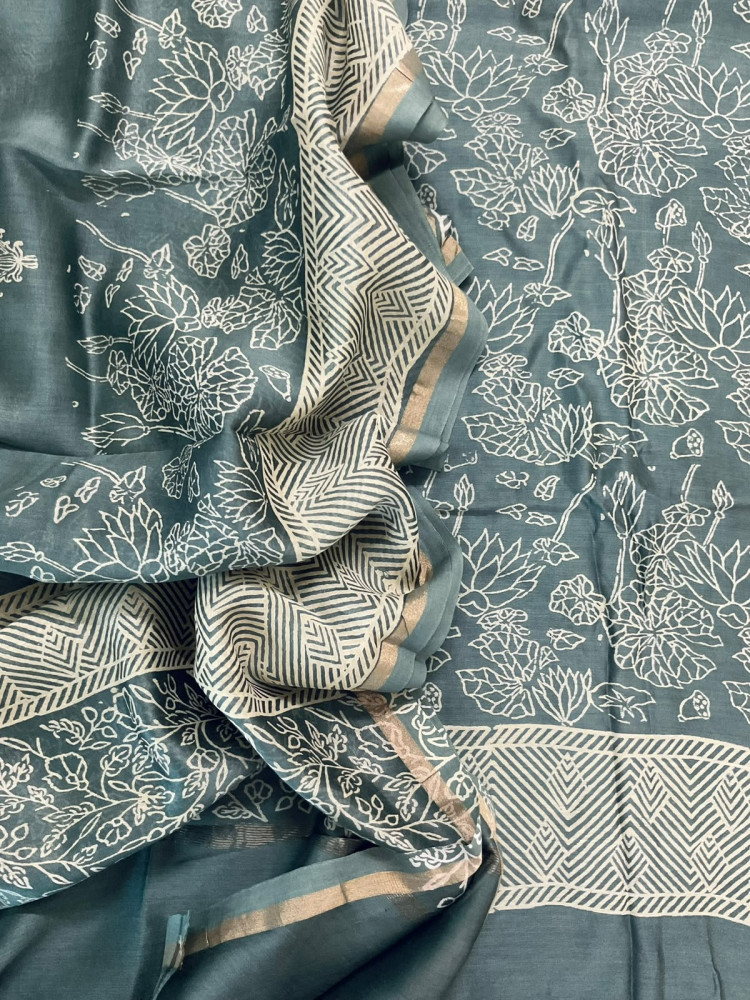 Image of Pure Mul Chanderi Printed Suit - Grey