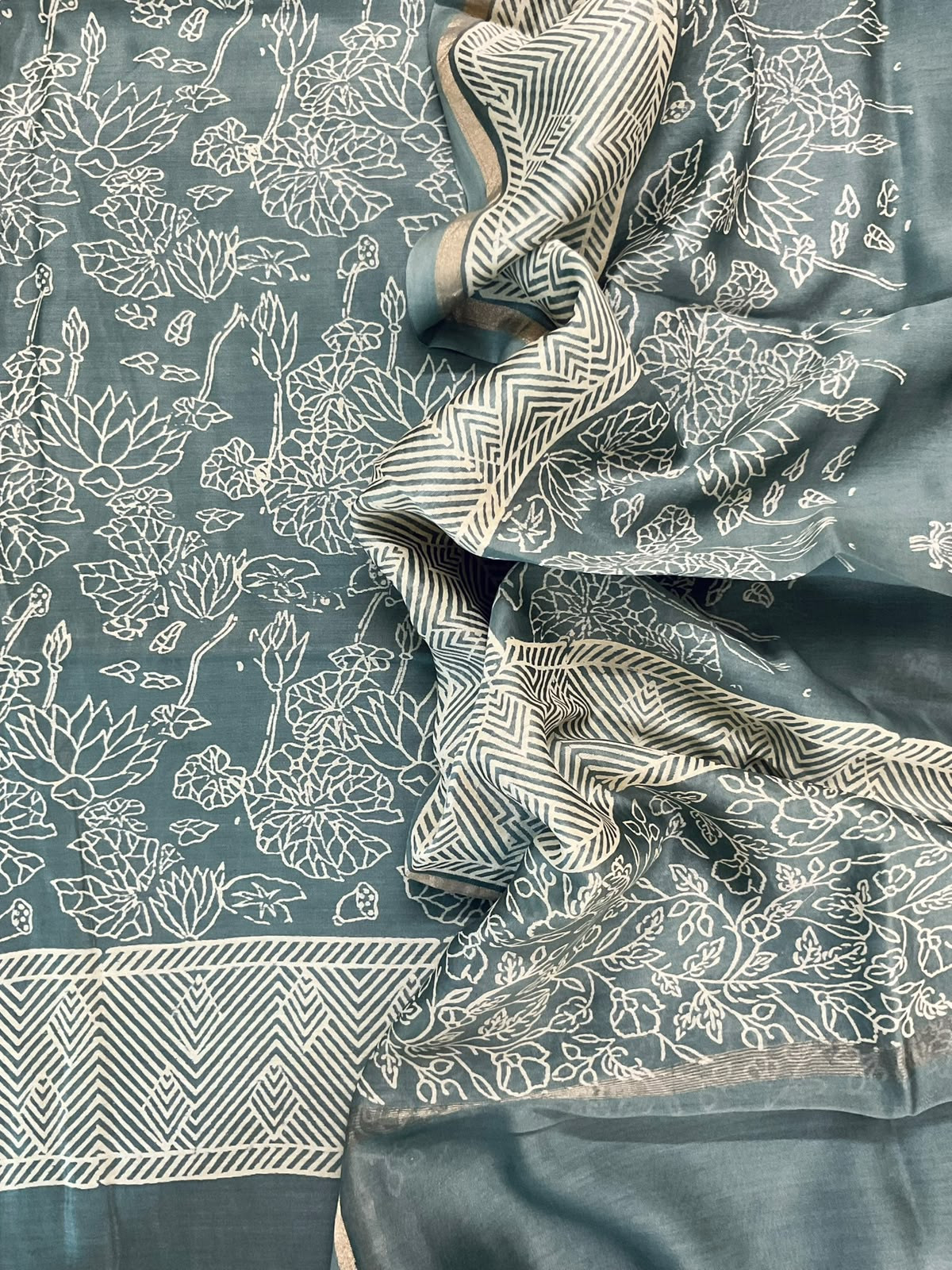 Pure Mul Chanderi Printed Suit - Grey